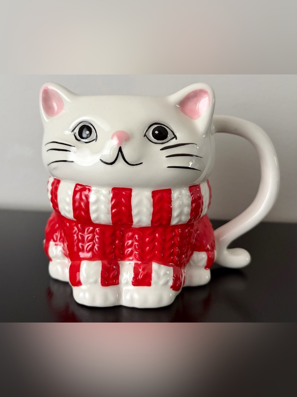 Cute Cat Ceramic Mug in White and Red - Cozy Sweater Design